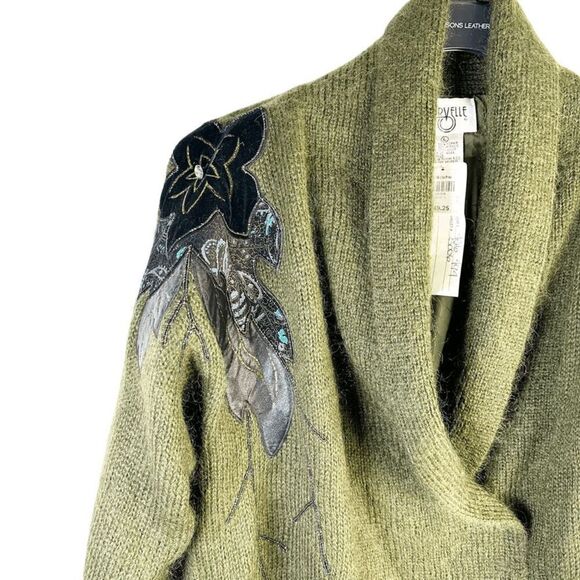 Cervelle Mohair Blend Cardigan Beaded Floral Applique Green Sweater Size L NEW - Picture 4 of 11